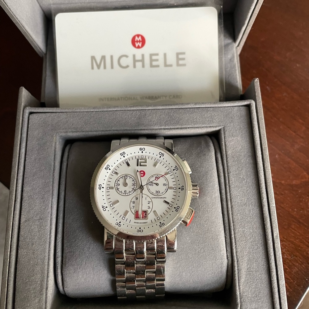 MICHELE Women's Silver Chronograph Bracelet Watch - Silver Dial
